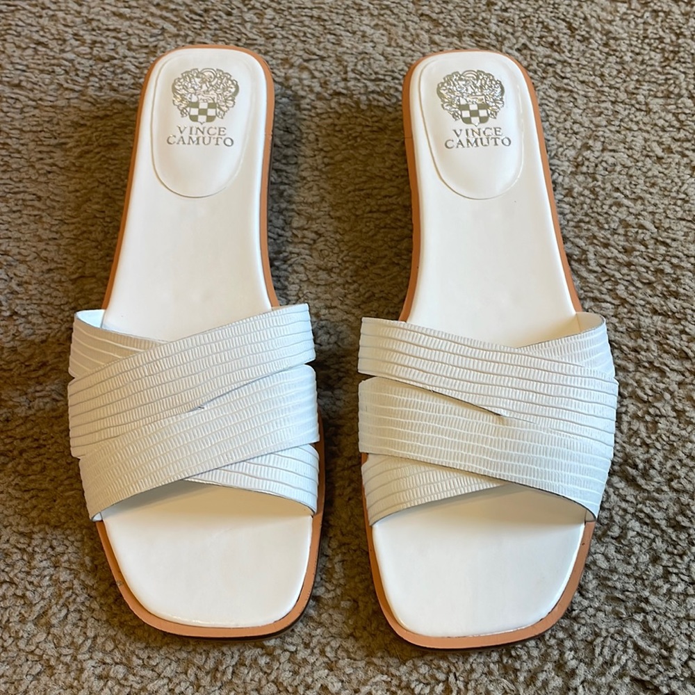 Vince Camuto White Crisscross Slide Sandals
